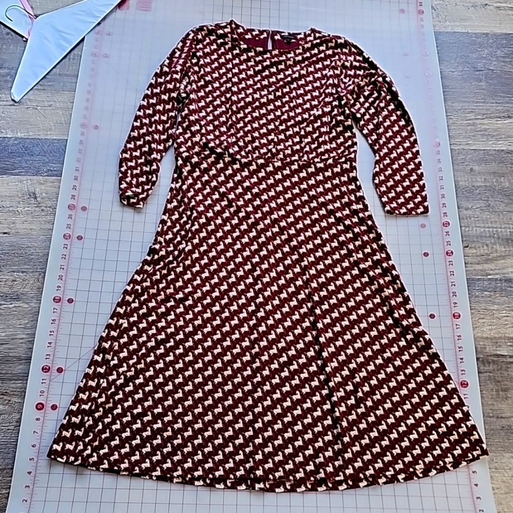 Ann Taylor brown happy white horse  flare  long sleeve cotton dress